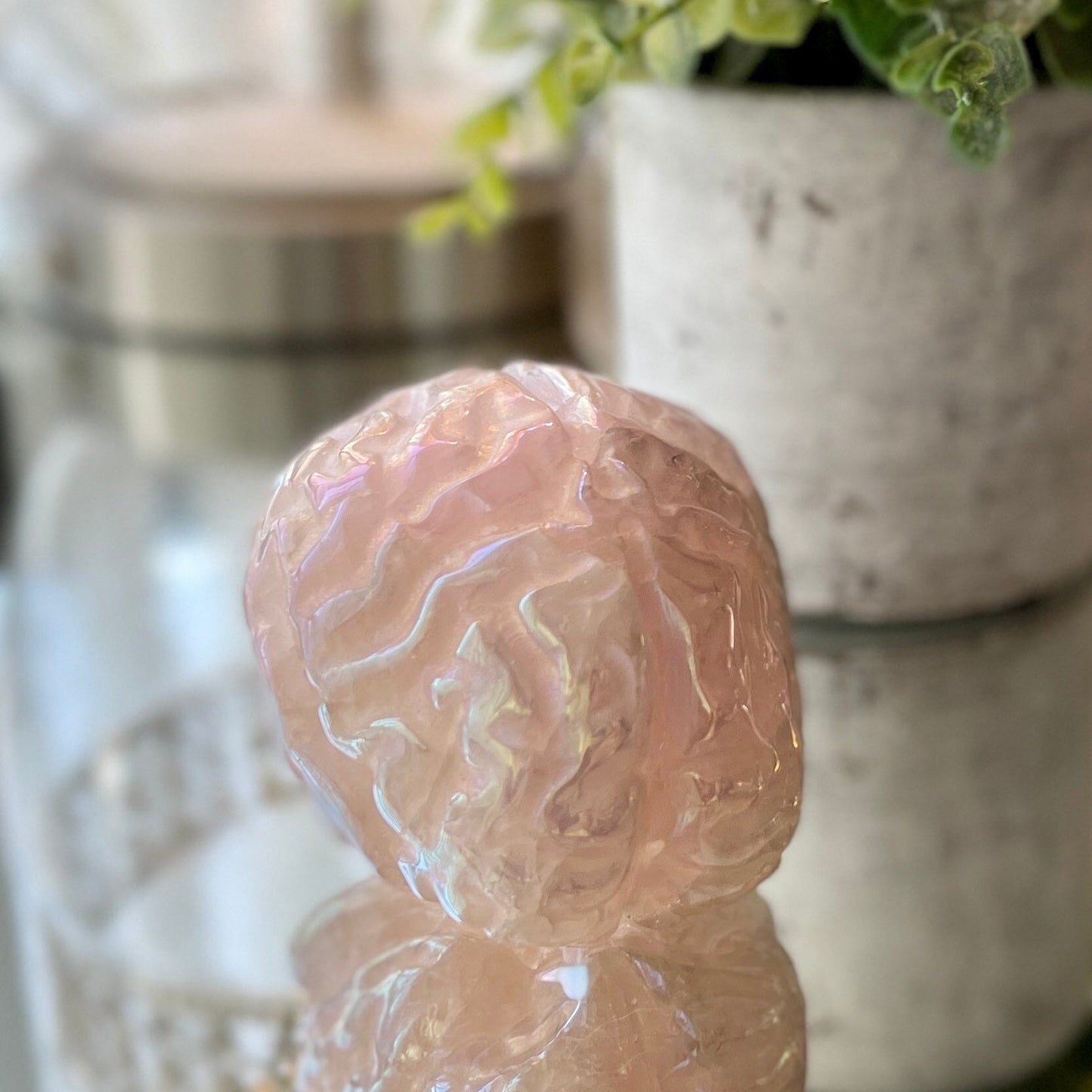 Aura Rose Quartz Crystal Human Brain Carving, Hand Carved Anatomy Meditation Stone, Healing Mind Crystals