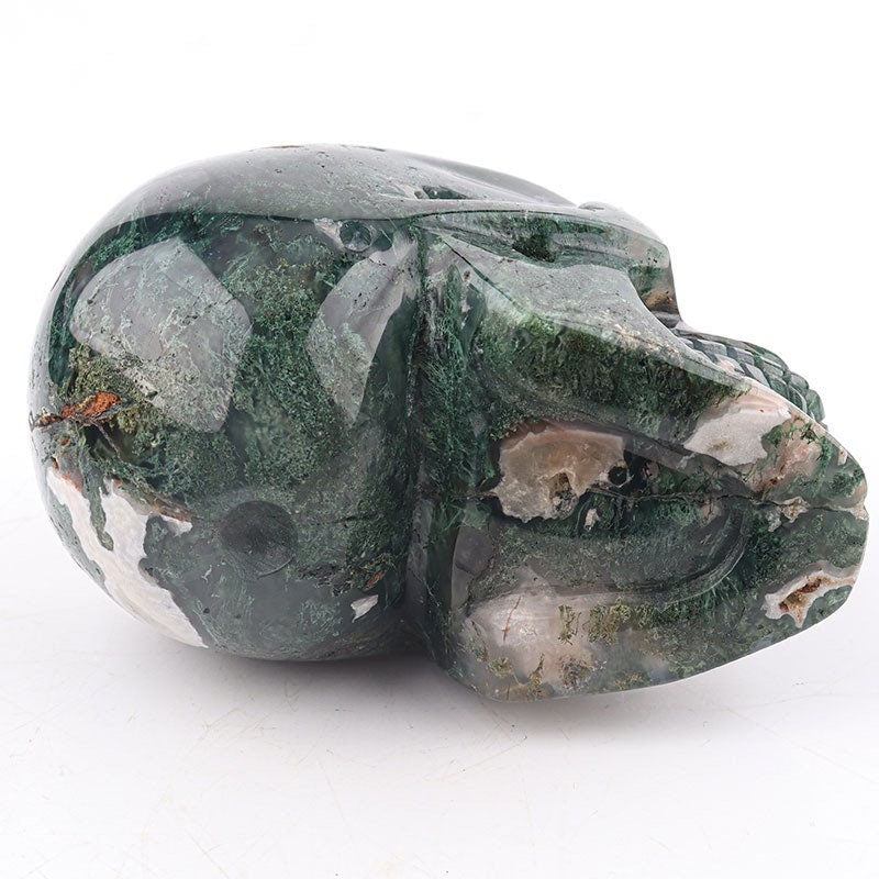 Moss Agate Skull Carving - Hand Carved Geode Crystal for Healing - Unique Home Decor Gift for Him or Her