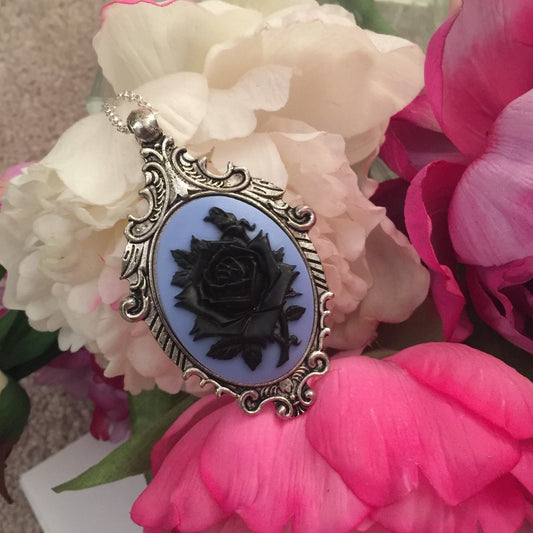 Victorian Rose Cameo Necklace Black and Blue with Satellite Chain - Elegant and Versatile