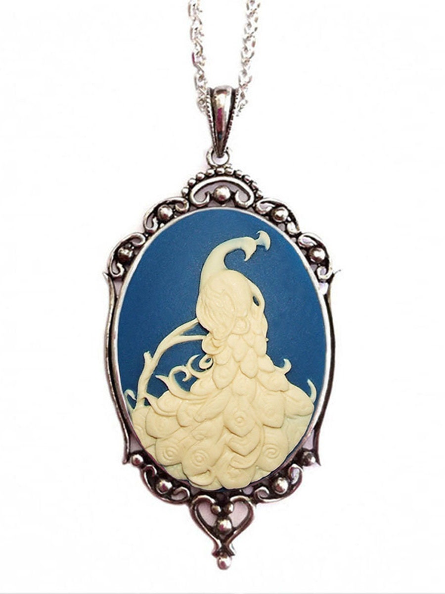 Cream and Blue Peacock Cameo Necklace,, Vintage Ornate Antique Silver Pendant