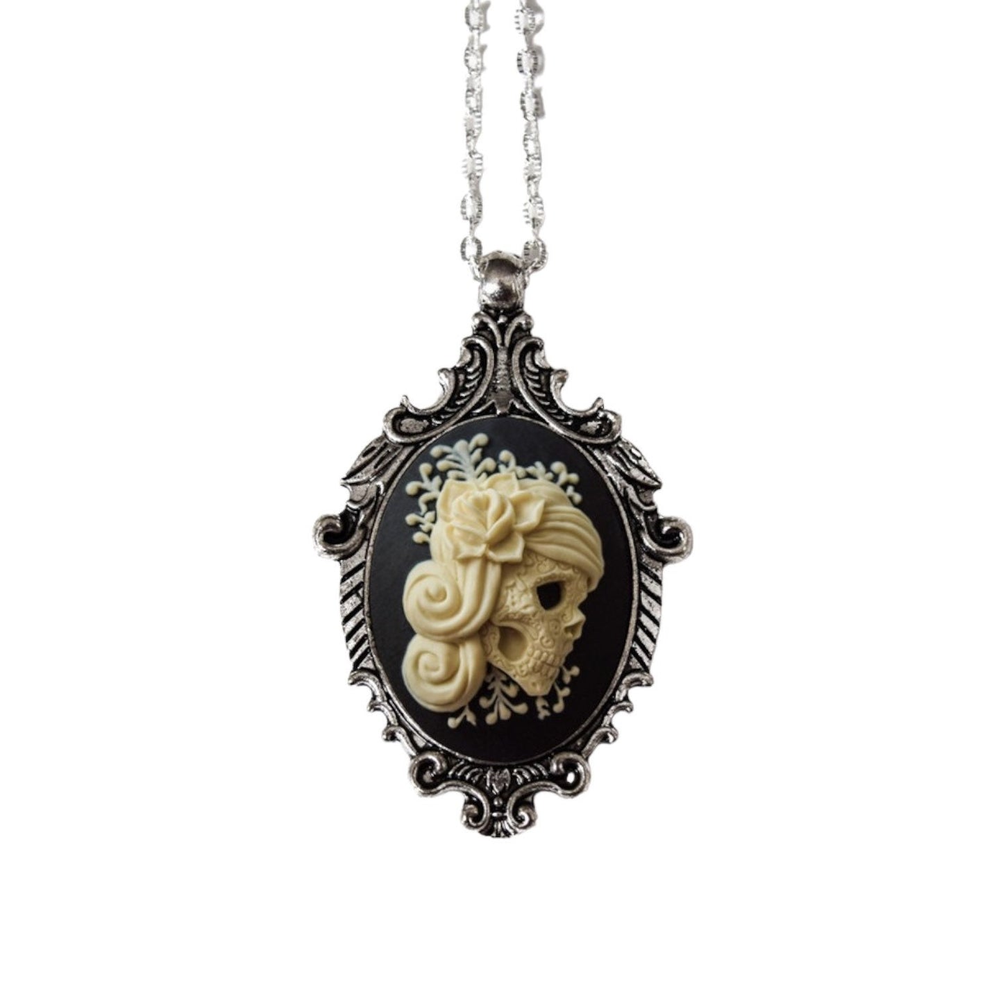 Cream and Black Vintage Lady Skull Cameo Necklace, Victorian Ornate Antique Silver Pendant