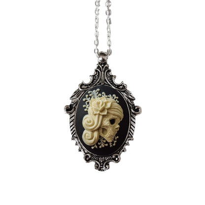 Cream and Black Vintage Lady Skull Cameo Necklace, Victorian Ornate Antique Silver Pendant