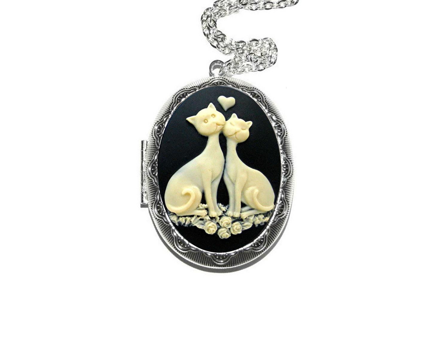 Cream and Black Kitty Love Cats Cameo Locket Necklace, Vintage Ornate Antique Silver Pendant