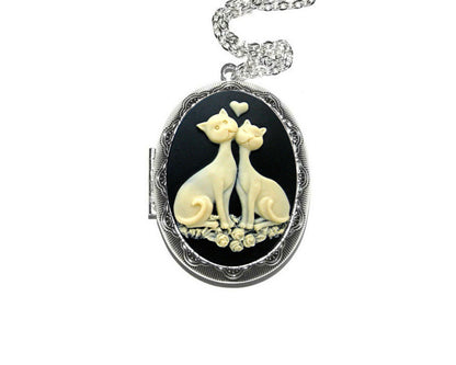 Cream and Black Kitty Love Cats Cameo Locket Necklace, Vintage Ornate Antique Silver Pendant