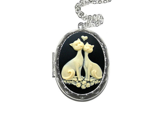 Cream and Black Kitty Love Cats Cameo Locket Necklace, Vintage Ornate Antique Silver Pendant
