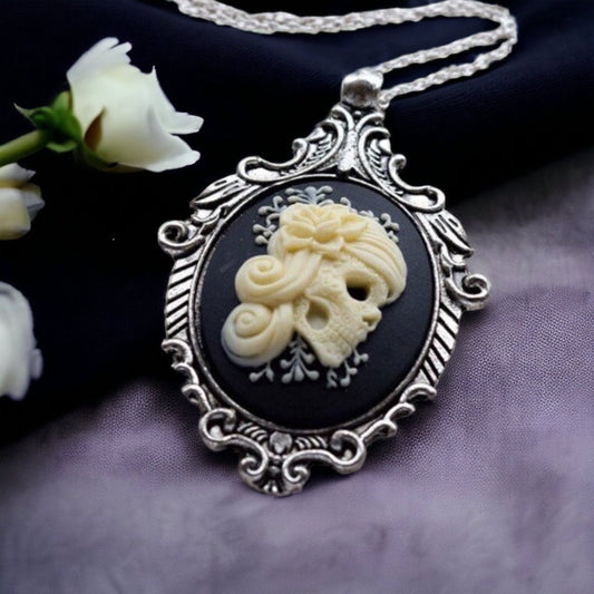 Cream and Black Vintage Lady Skull Cameo Necklace, Victorian Ornate Antique Silver Pendant