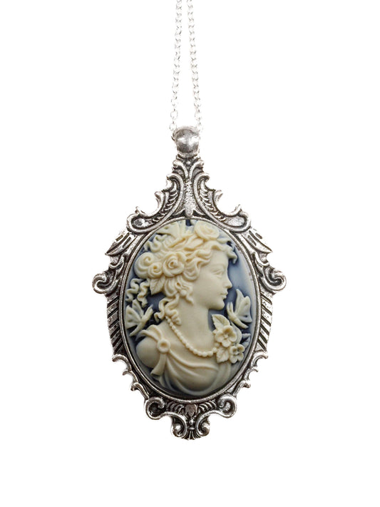 Antique Silver Cameo Necklace - Victorian Edwardian Era Pendant