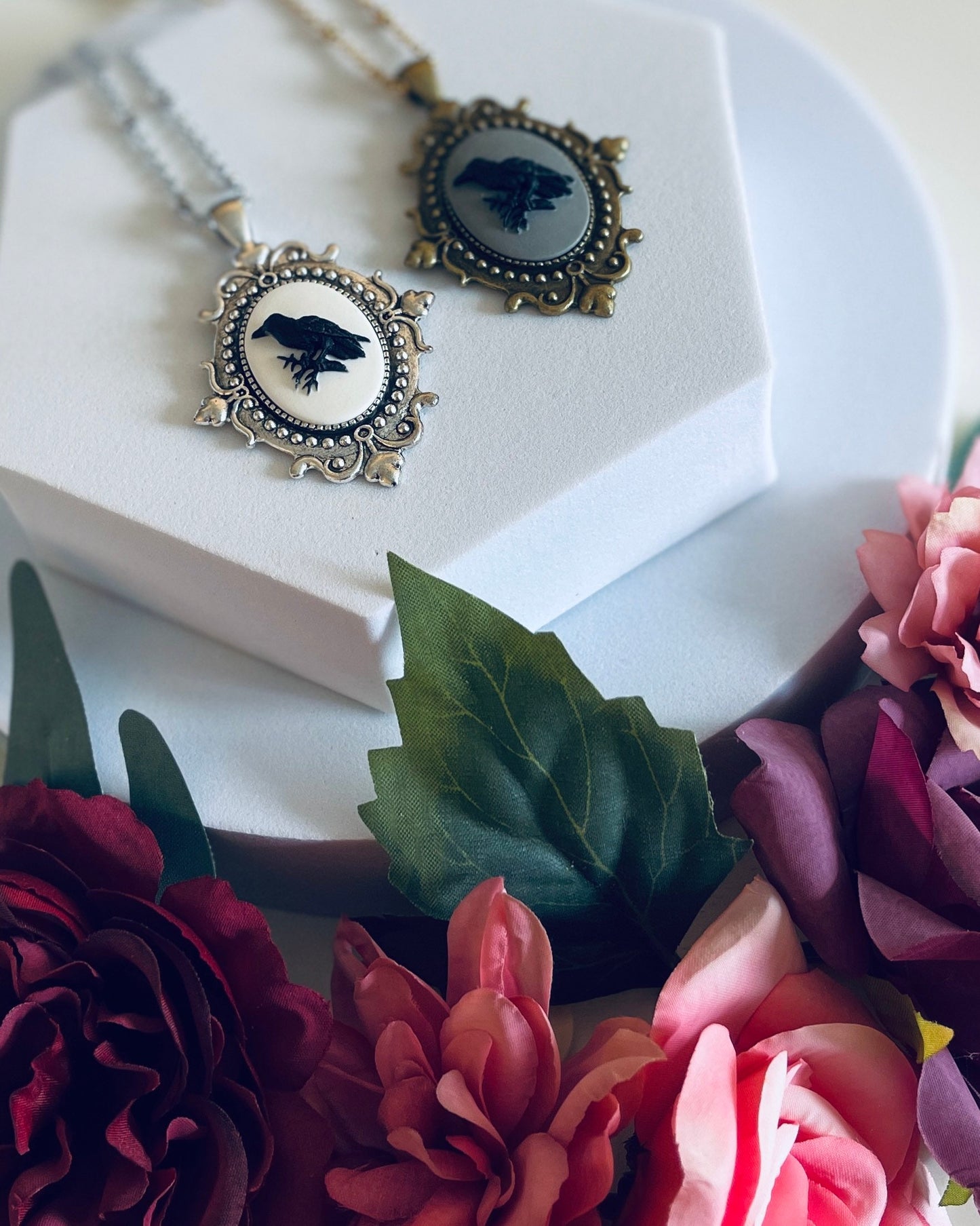 Victorian Raven Cameo Necklace - Gothic Black  White with Grey - Bronze or Silver Setting Medium