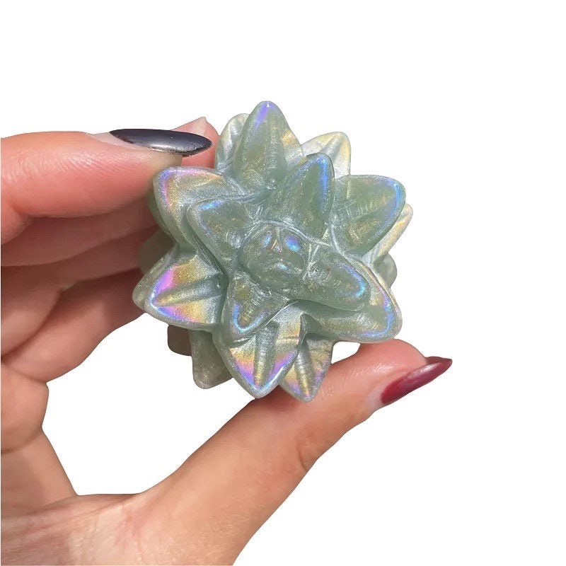 Aura Crystal Succulent Plant Carving, Rainbow Rose Quartz Green Aventurine Flower, Crystals for Meditation, Witchy Decor