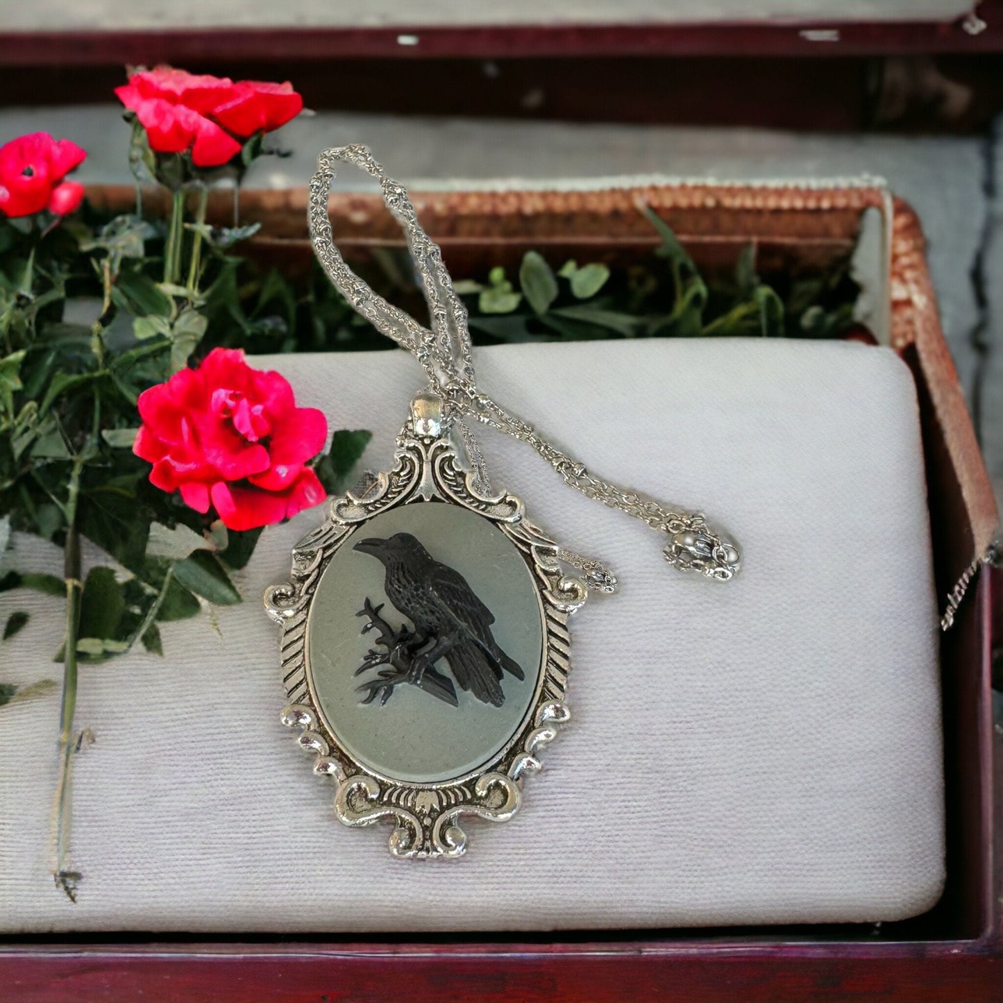 Raven on Yellow Victorian Cameo Necklace Birds Crow Vintage Silver Ornate