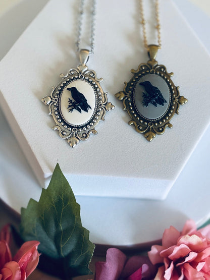 Victorian Raven Cameo Necklace - Gothic Black  White with Grey - Bronze or Silver Setting Medium