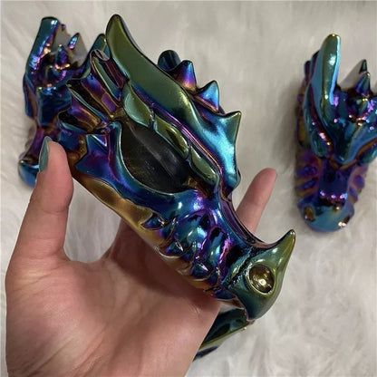 Hand Carved Dragon Skull with Rainbow Titanium  Obsidian Stone - Healing Crystal Decor