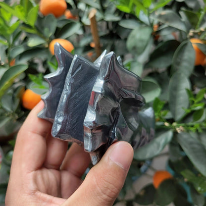 Shiny Terahertz Dragon Skull - Hand Carved Healing Crystal with Silver Hematite Dragon Head