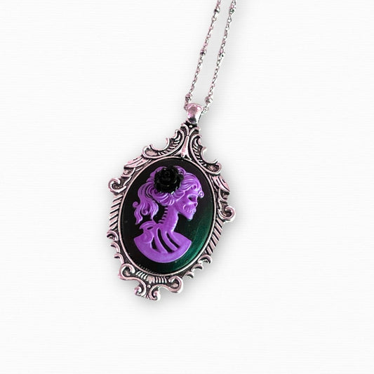 Purple Skeleton Lady Pendant Necklace, Gothic Cameo Set in Victorian Bronze or Silver Setting