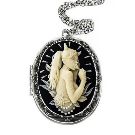 Vintage Cream and Black Devil Girl Cameo Locket Necklace - Ornate Antique Silver Pendant - Gothic Jewelry