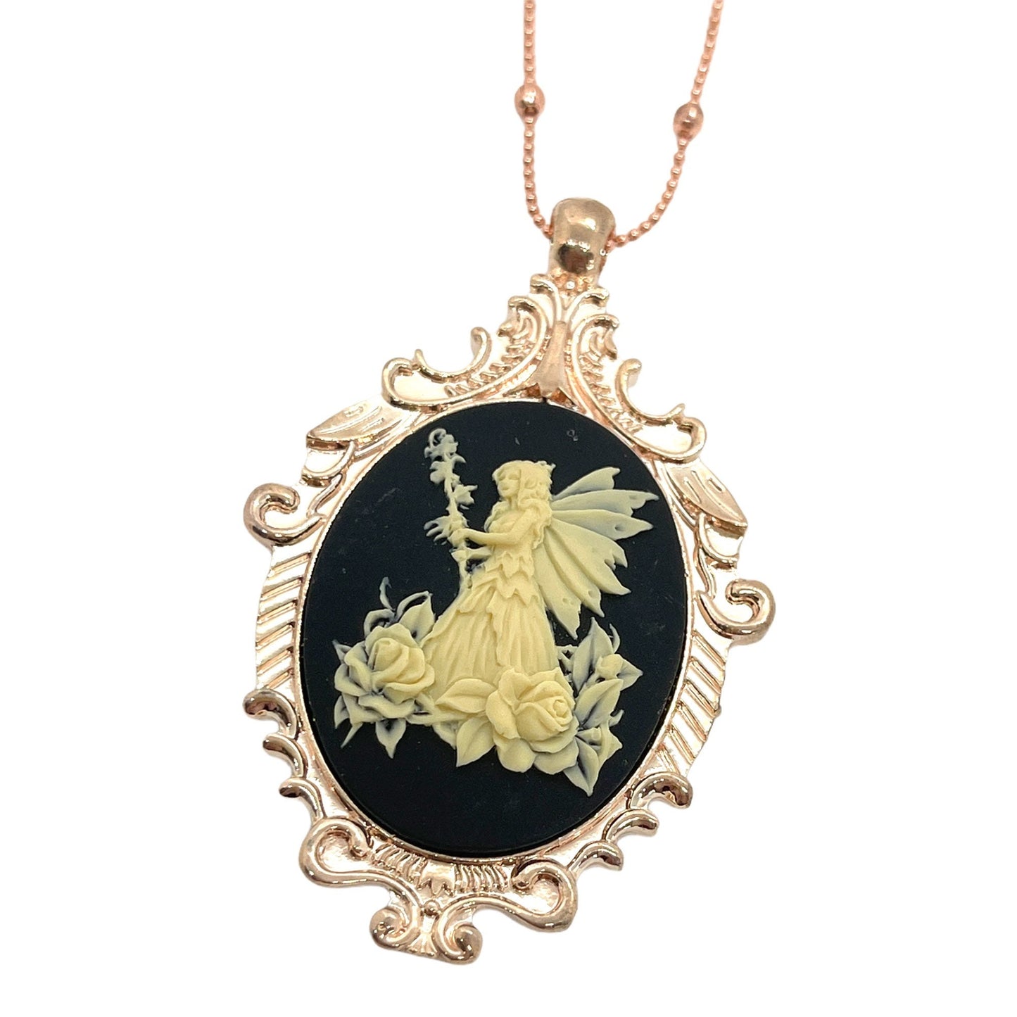 Fairy Magic Rose Gold Victorian Cameo Necklace - Beige and Black