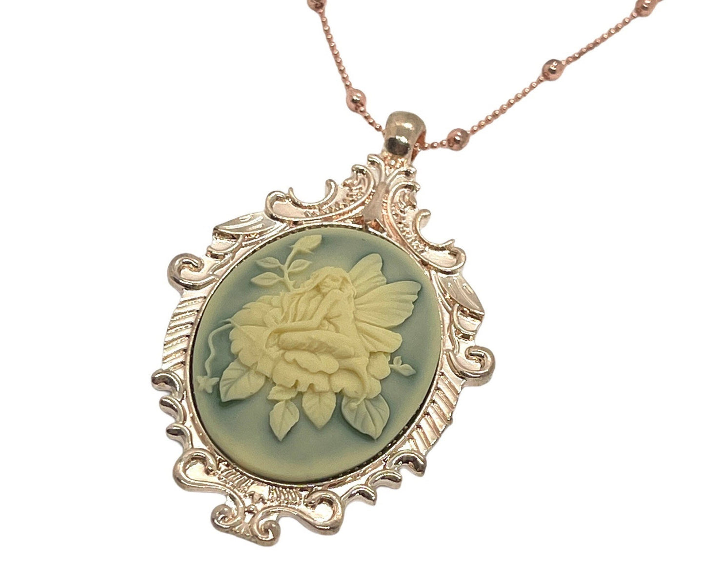 Cream Fairy Butterfly Rose Cameo Necklace, Rose Gold Victorian Ornate Pendant