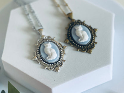 Blue Cat Cameo Necklace - Gothic Victorian Pendant in Bronze or Silver - Medium Size