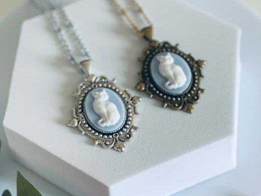Blue Cat Cameo Necklace - Gothic Victorian Pendant in Bronze or Silver - Medium Size