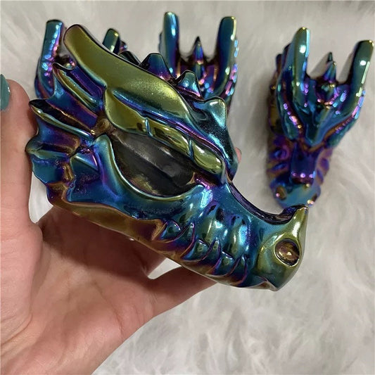 Hand Carved Dragon Skull with Rainbow Titanium  Obsidian Stone - Healing Crystal Decor