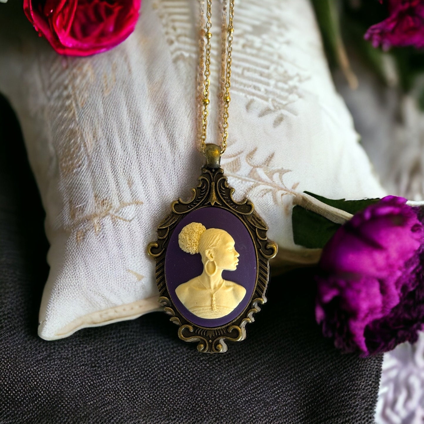 Black Lady Cameo Pendant Necklace - Antique Brass Setting