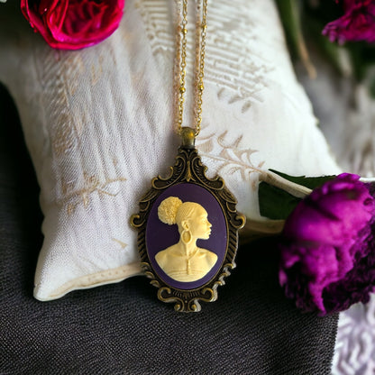 Black Lady Cameo Pendant Necklace - Antique Brass Setting