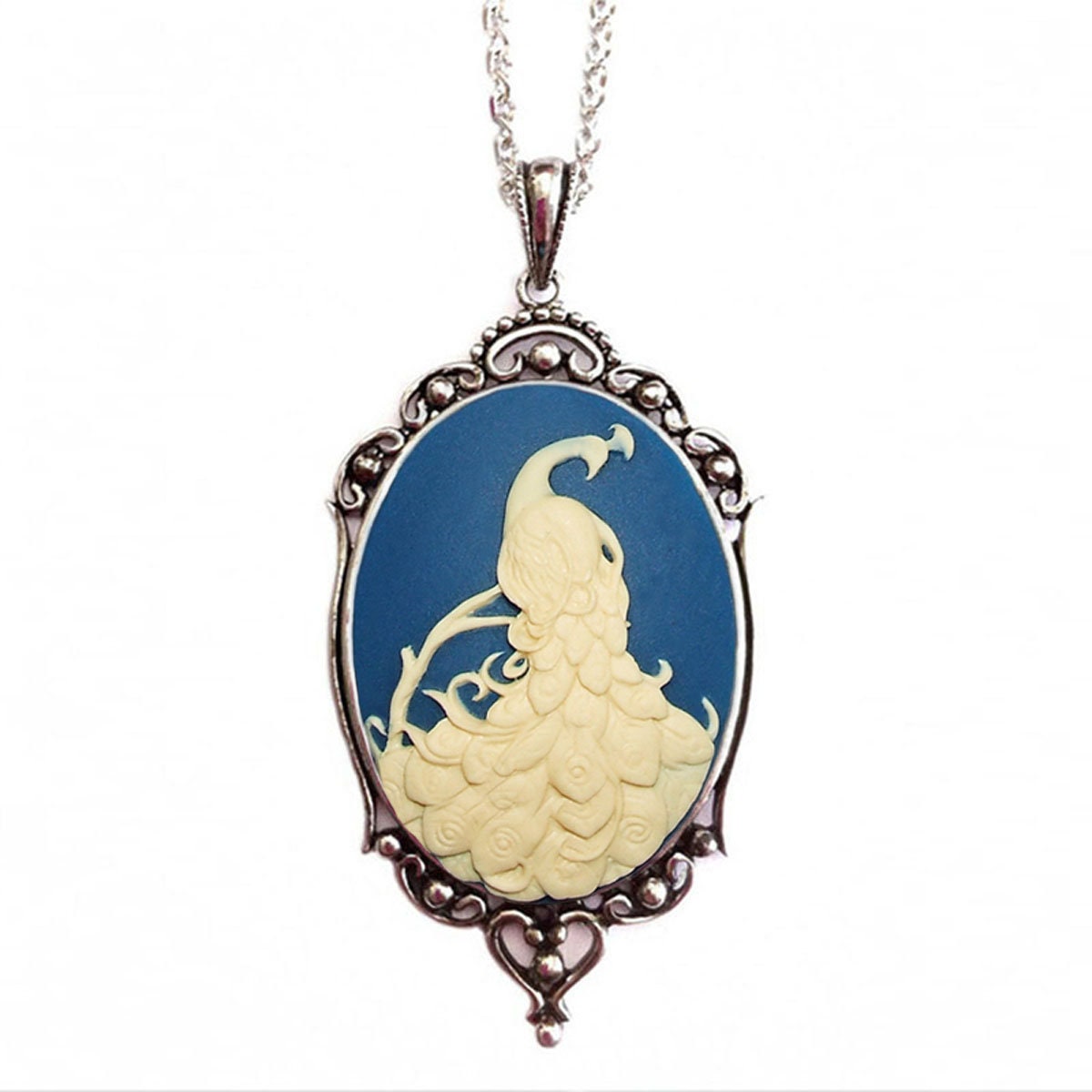 Cream and Blue Peacock Cameo Necklace,, Vintage Ornate Antique Silver Pendant