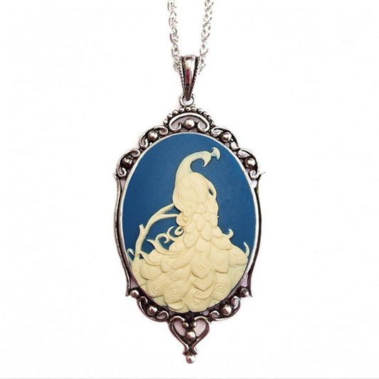 Cream and Blue Peacock Cameo Necklace,, Vintage Ornate Antique Silver Pendant