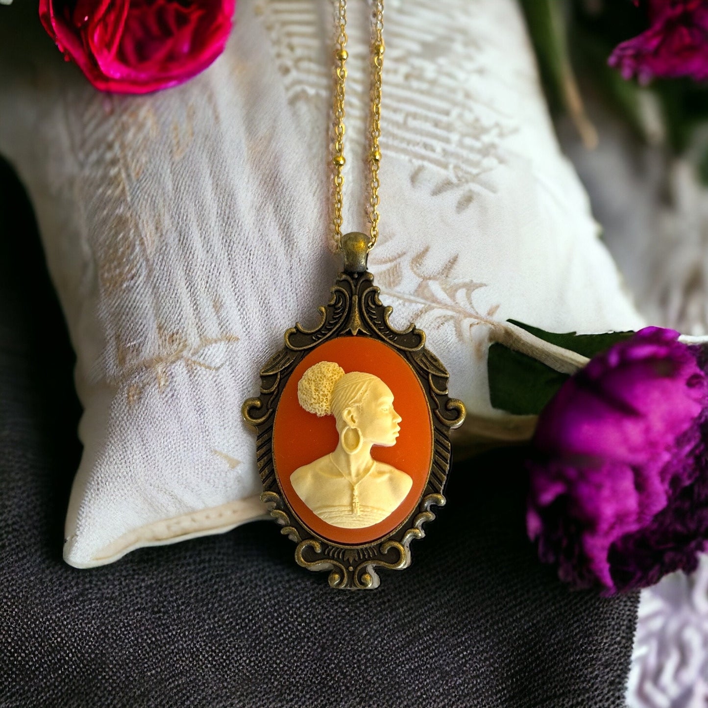Black Lady Cameo Pendant Necklace - Antique Brass Setting