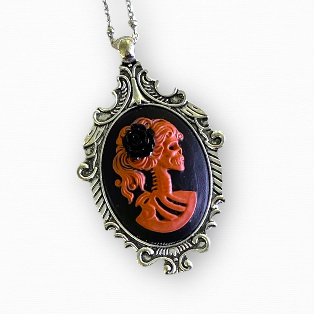 Red Skeleton Lady Pendant Necklace, Gothic Cameo Set in Victorian Bronze or Silver Setting