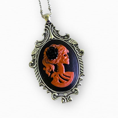 Red Skeleton Lady Pendant Necklace, Gothic Cameo Set in Victorian Bronze or Silver Setting