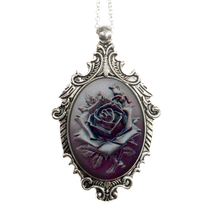 Black and Black Rose Cameo Necklace - Vintage Black Silver Ornate Pendant