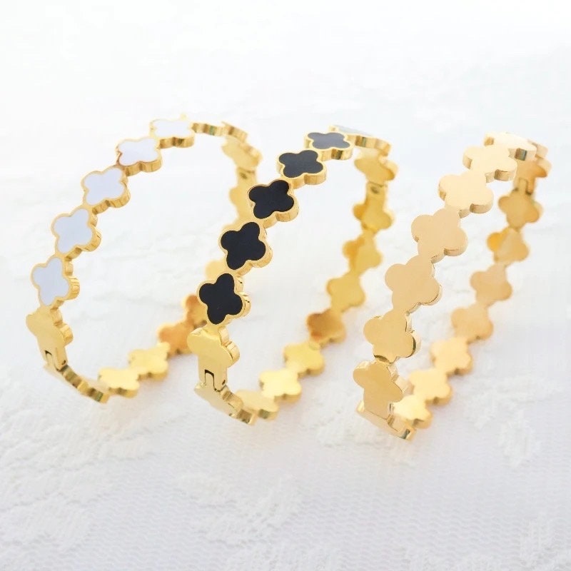 Clover Bracelet Bangle - Hinged Cuff -  Electroplated 18k Gold over Stainless Steel