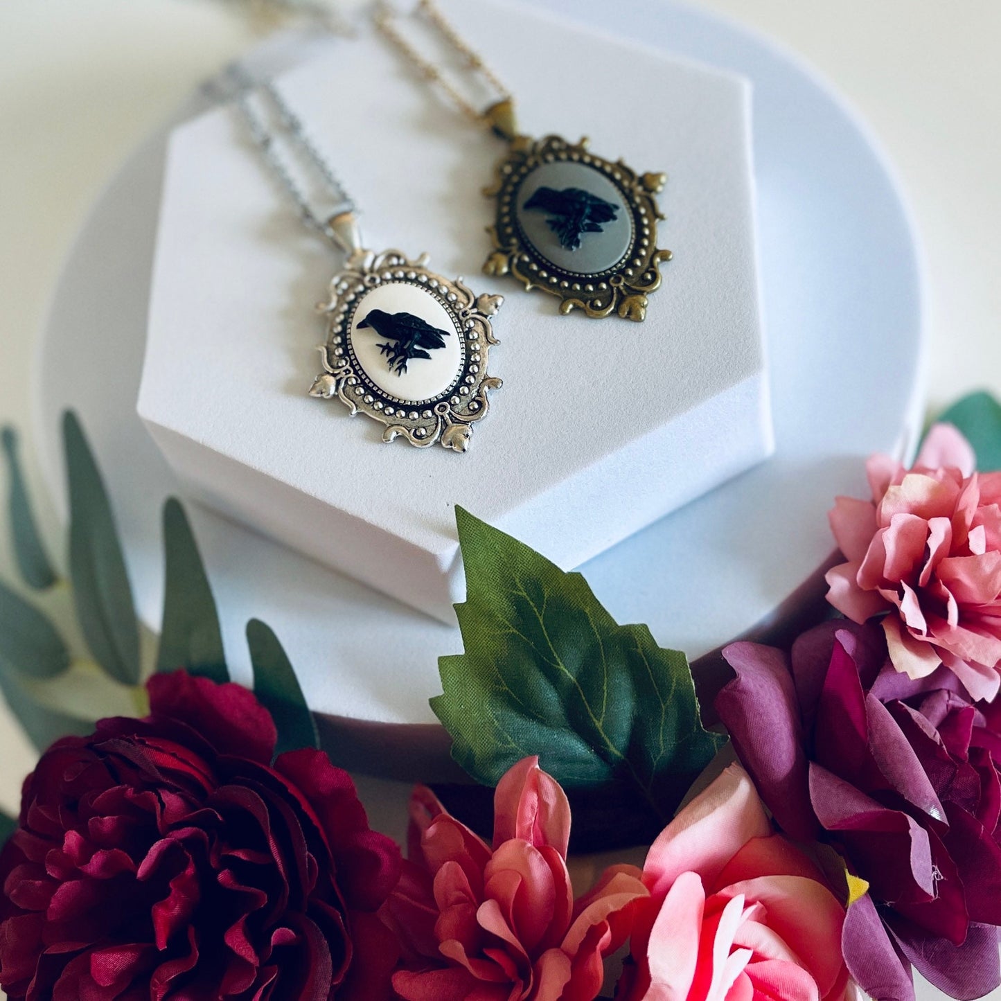 Victorian Raven Cameo Necklace - Gothic Black  White with Grey - Bronze or Silver Setting Medium