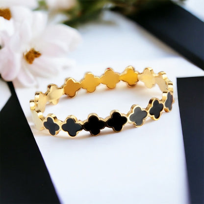 Clover Bracelet Bangle - Hinged Cuff -  Electroplated 18k Gold over Stainless Steel