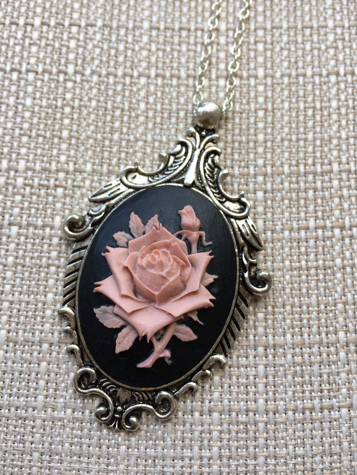 Vintage Mauve Pink and Black Rose Cameo Necklace with Ornate Antique Silver Pendant