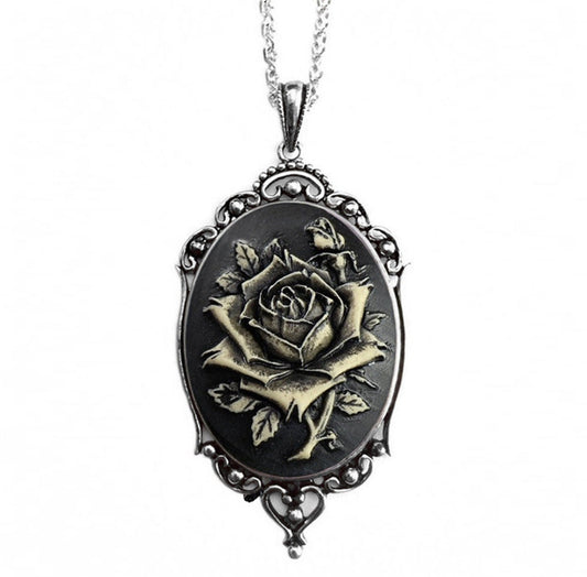 Vintage Black Rose Cameo Necklace, Ornate Antique Silver Pendant