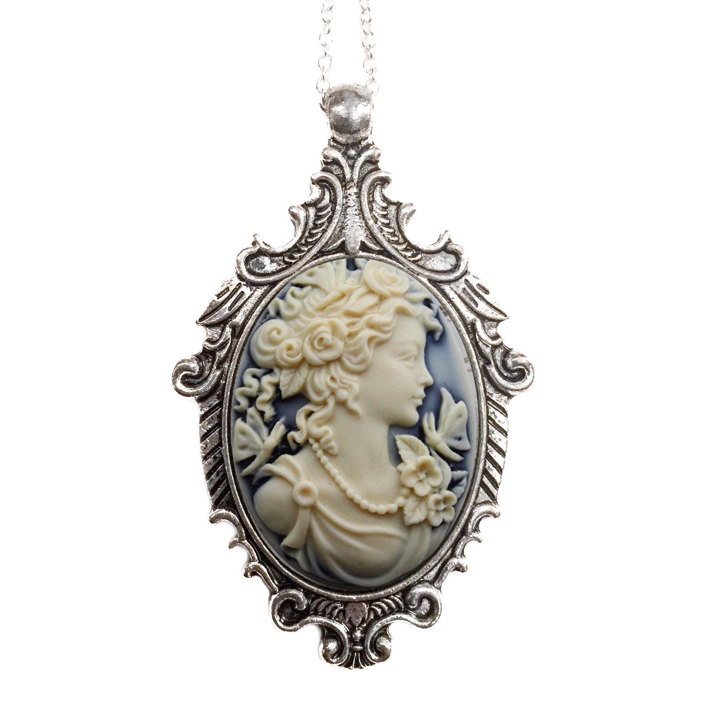 Antique Silver Cameo Necklace - Victorian Edwardian Era Pendant