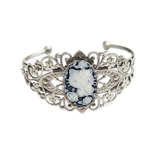 Gothic Black Cat Cameo Bangle Bracelet - Victorian Witchy Jewelry for Cat Lovers