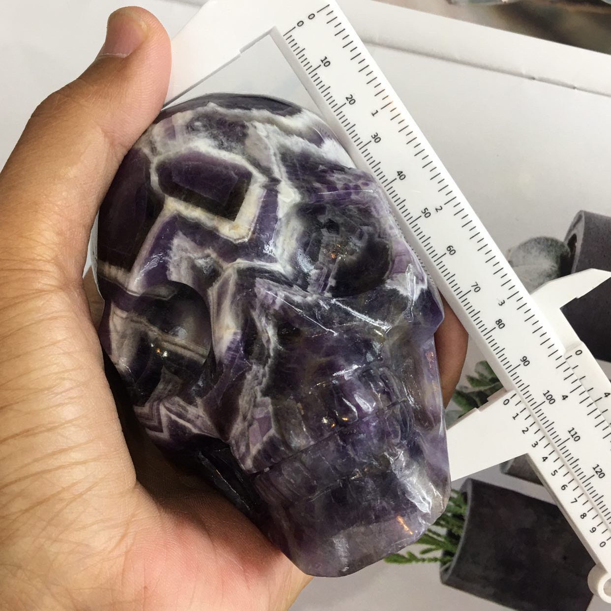 Hand Carved Chevron Amethyst Skull for Meditation Witchy Decor
