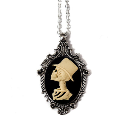 Cream and Black Lady Skull and Skeleton Man Cameo Necklace Set, Wedding Gift for Bride and Groom