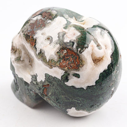 Moss Agate Skull Carving - Hand Carved Geode Crystal for Healing - Unique Home Decor Gift for Him or Her