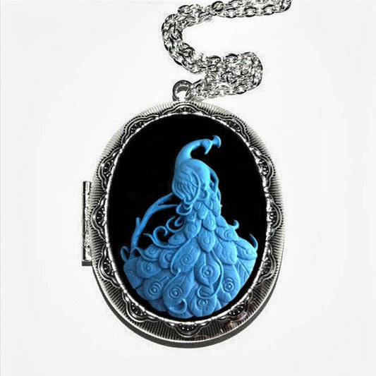 Blue Black Peacock Cameo Locket Necklace Vintage Antique Silver Pendant