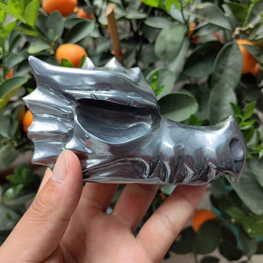 Shiny Terahertz Dragon Skull - Hand Carved Healing Crystal with Silver Hematite Dragon Head