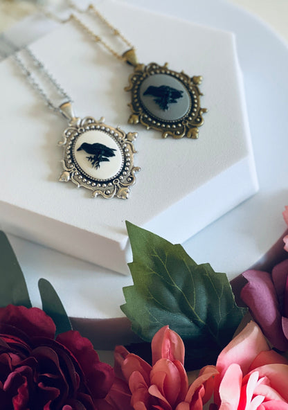 Victorian Raven Cameo Necklace - Gothic Black  White with Grey - Bronze or Silver Setting Medium