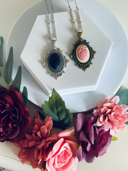 Anatomical Heart Cameo Pendant Necklace - Gothic Victorian Bronze or Silver Setting Medium
