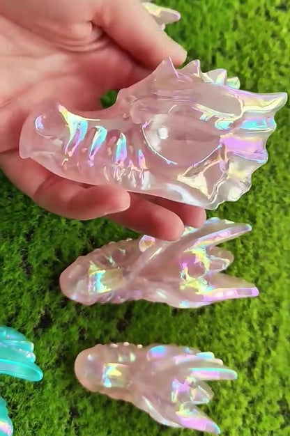 Pink Angel Aura Rose Quartz Dragon Skull Carving - Healing Crystal Decor