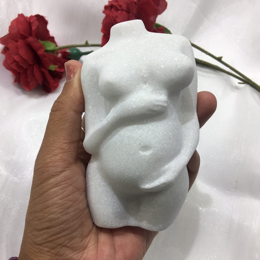 Marble Pregnant Female Body Crystal Carving, White Mother Goddess Model Figurine Statue