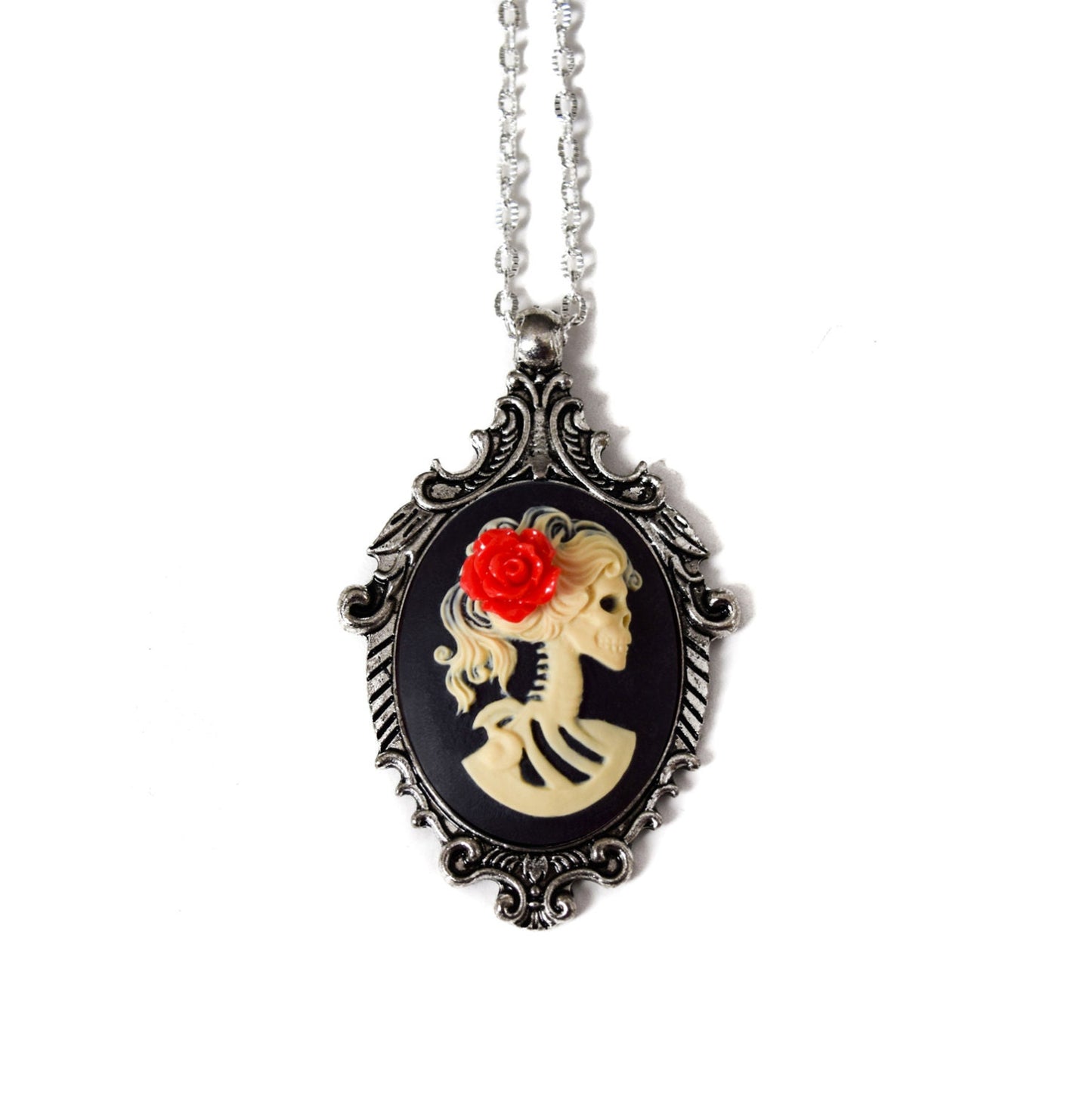 Sleek Skeleton Cameo Pendant Necklace - Elegant and Edgy