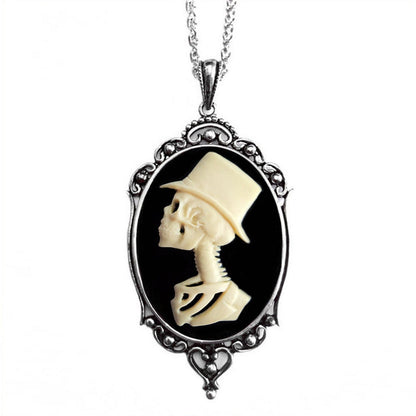 Skeleton Man Cameo Necklace, Groom Vintage Ornate Antique Silver Pendant